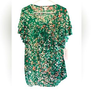 Liz Claiborne Women’s Top Blouse Size 1X Floral Green and Pink Ruffle sleeve